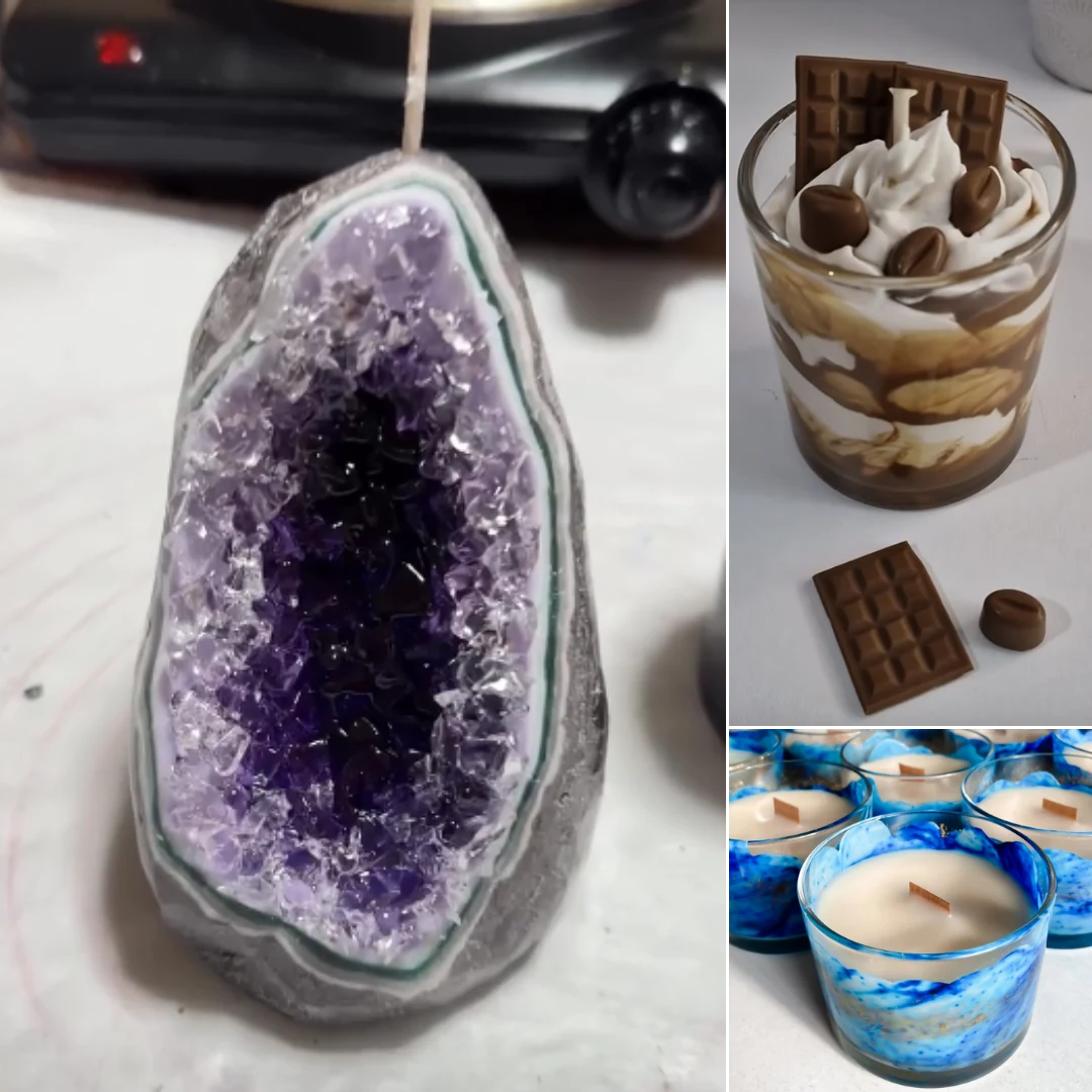 Velas artesanais em formato de geodo e outros modelos produzidos no curso Velarte Essencial